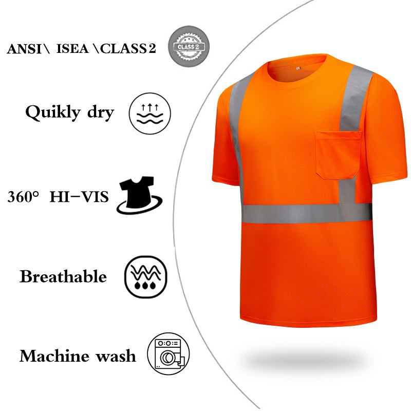 DPSAFETY High Visibility Shirts Quick Dry Safety T Shirts with Reflective Strips and Pocket Short Sleeve Mesh Hi Vis Construction Work Class 2 Shirt for Men/Women Orange,4XL - Image 3